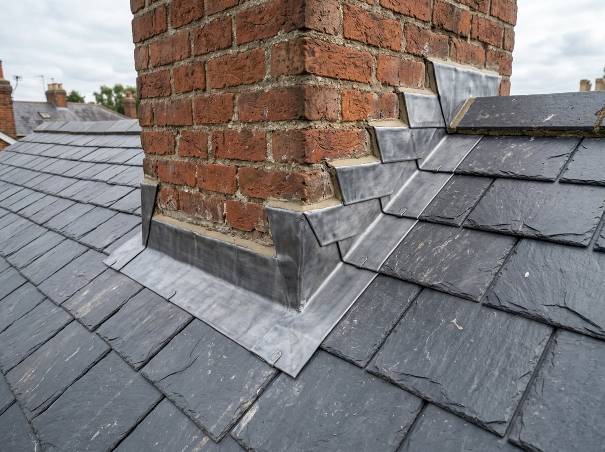 Lead flashing fitted around the base of a chimney