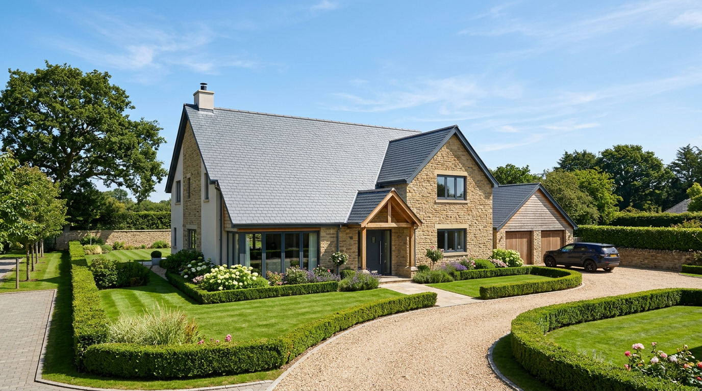 Modern detached home with a pristine new slate roof
