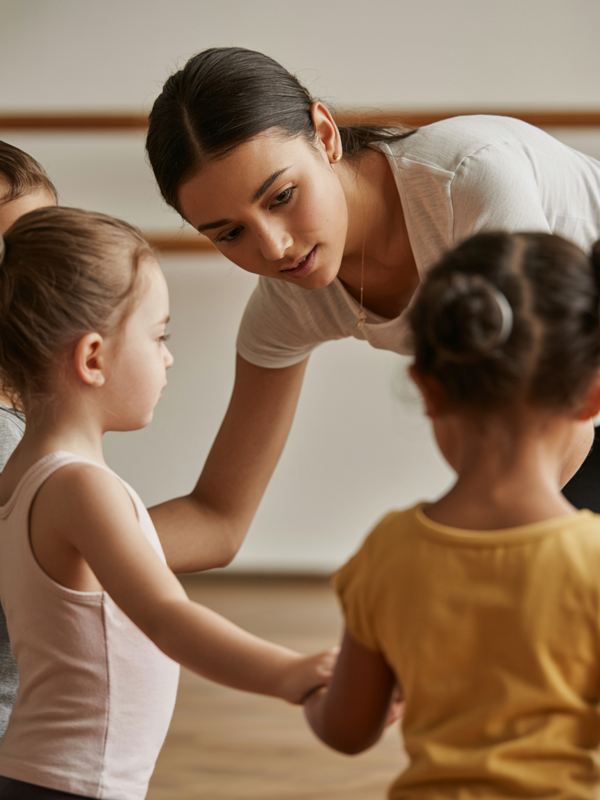 Dance teacher working with young students in a warm studio setting