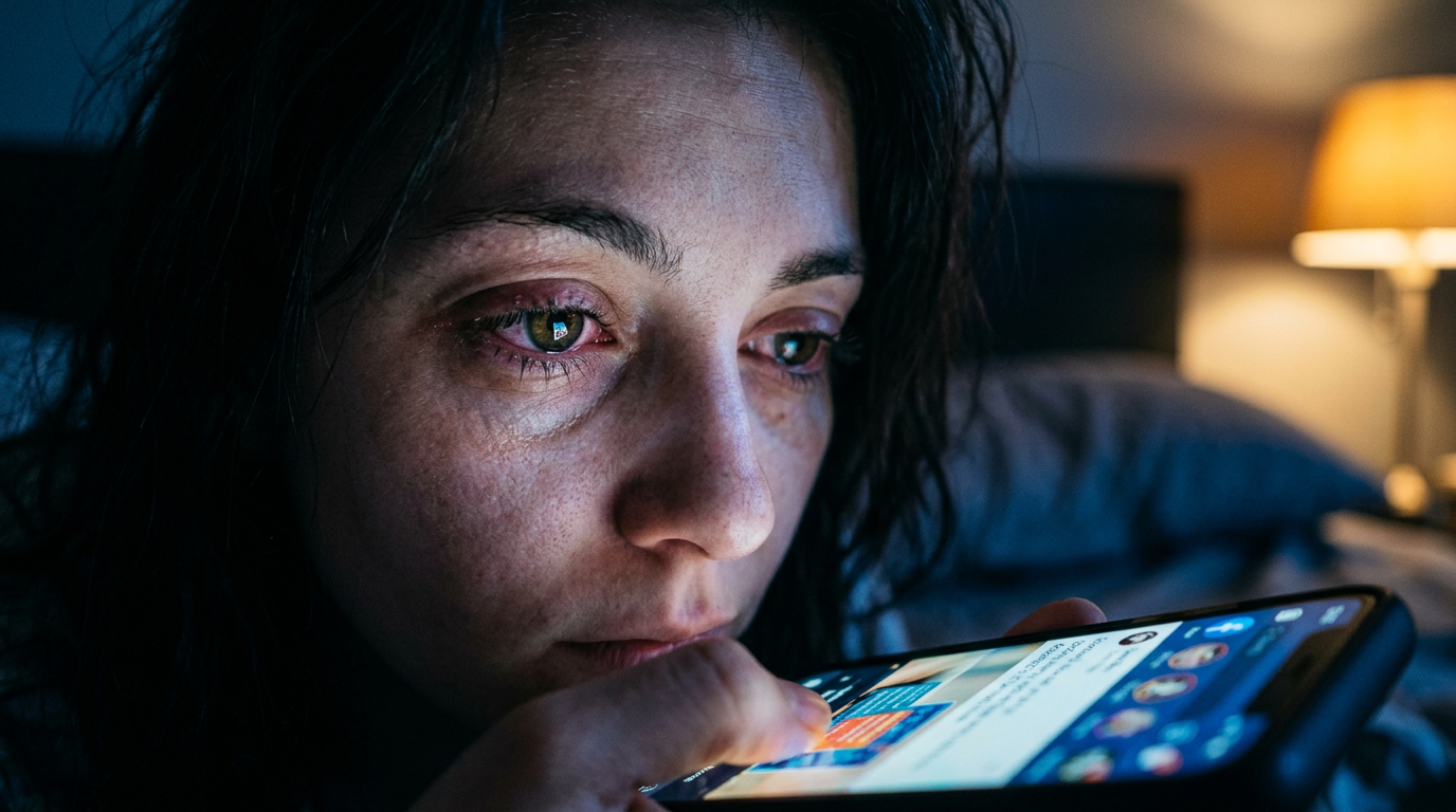 Olhos cansados refletindo a tela brilhante do smartphone representando fadiga digital
