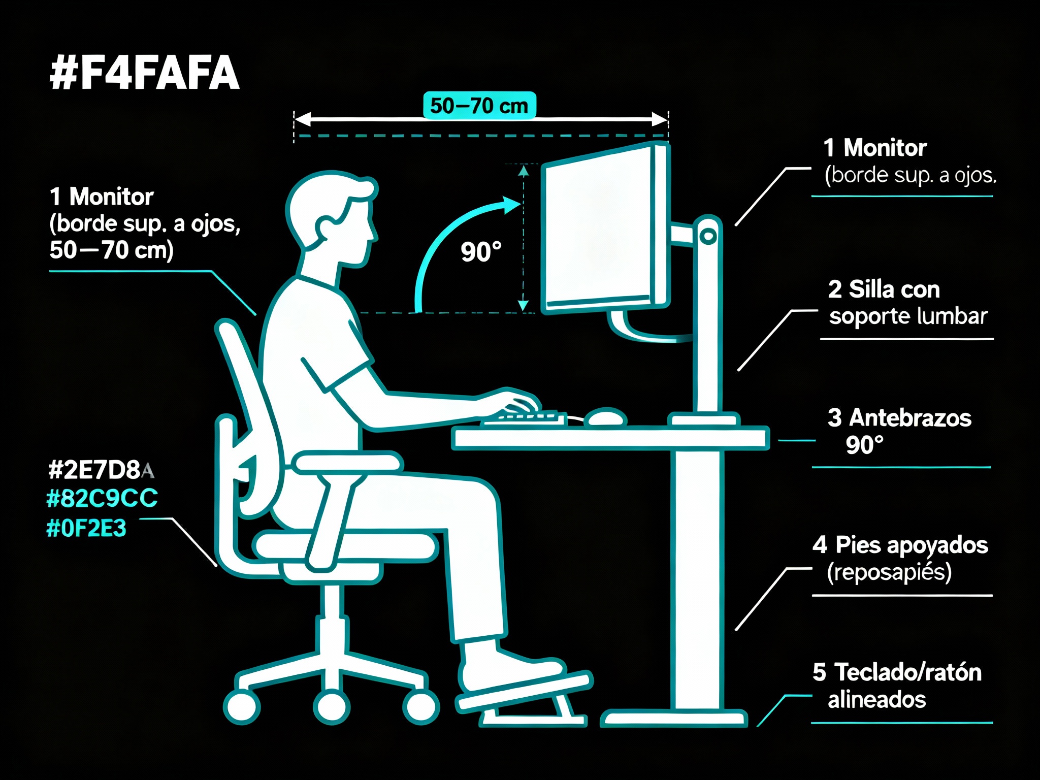 Diagrama de ergonomía del puesto con monitor a la altura de los ojos, 50–70 cm de distancia y soporte lumbar.