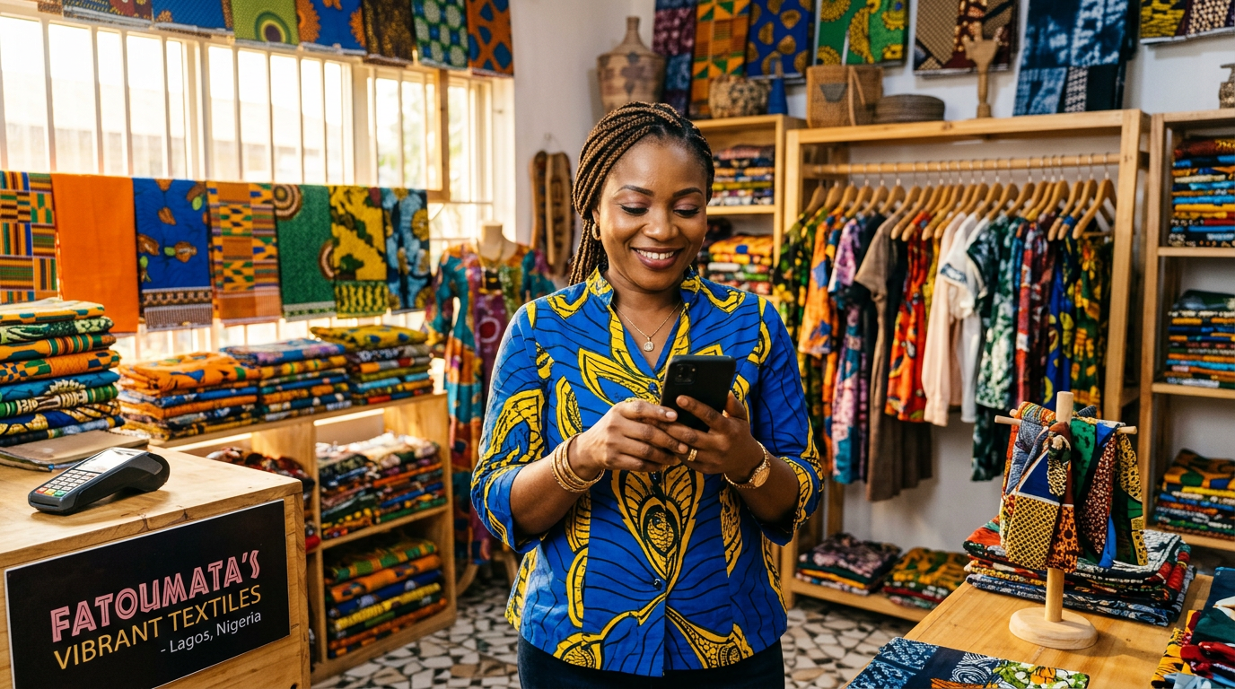 Nigerian shop owner managing orders on her phone