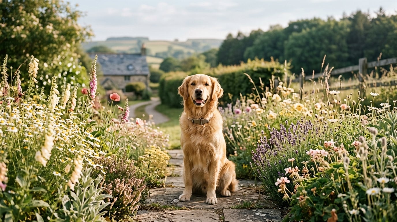 A happy, healthy golden retriever in a sunlit British garden
