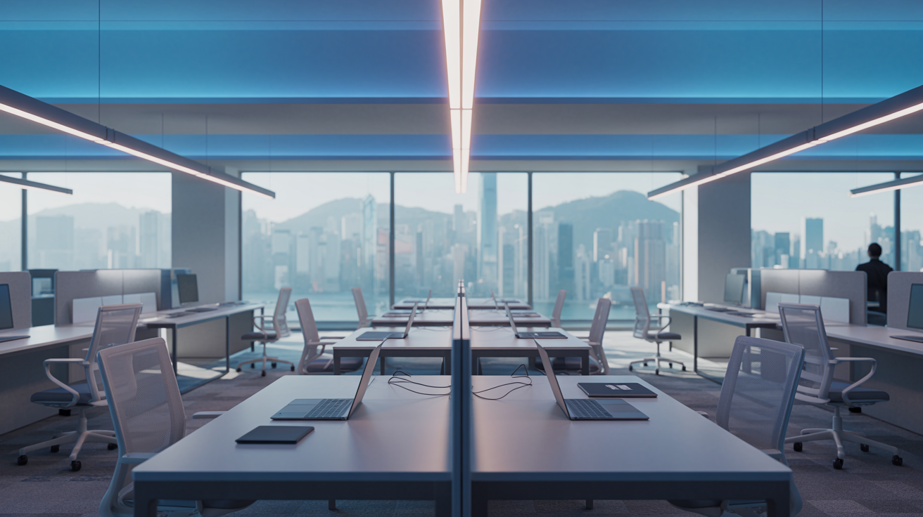 Modern tech office workspace in Hong Kong with blue-toned lighting