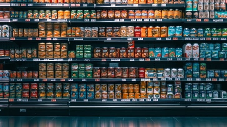 Colourful retail shelves with packaged products