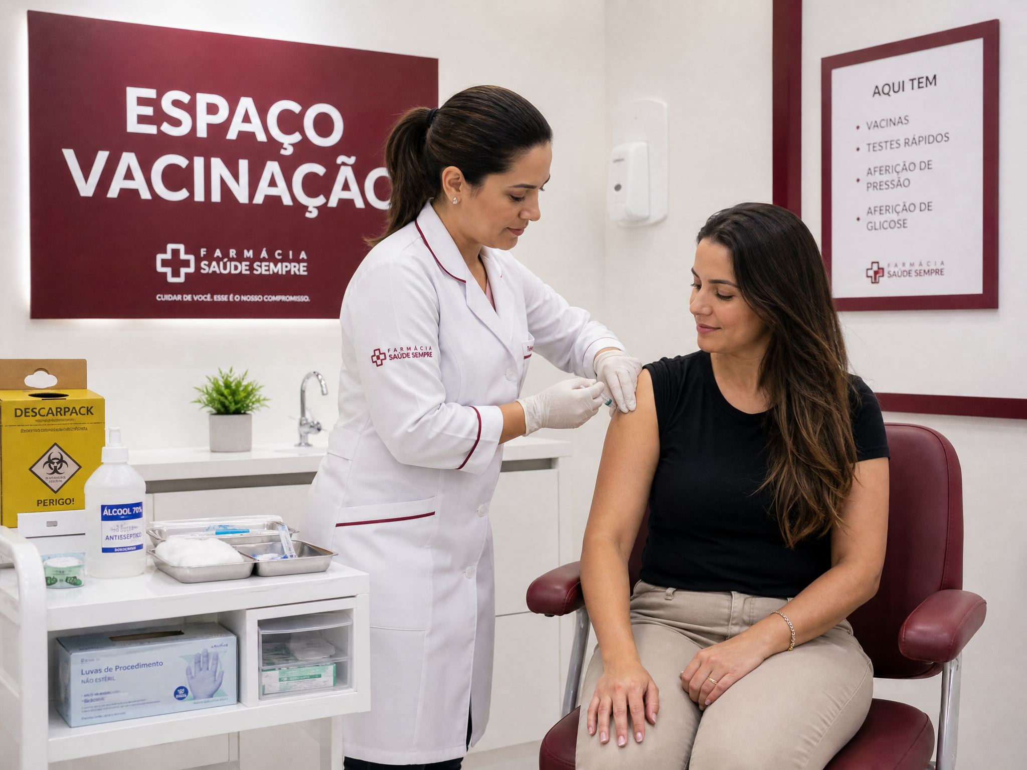 Aplicação de injetáveis na Farmasyn Popular