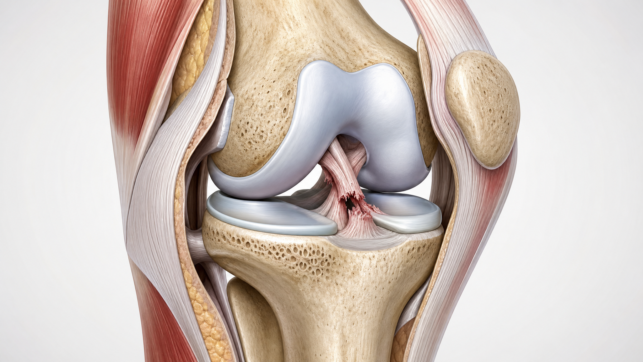 Medical illustration of a knee joint cutaway showing a torn anterior cruciate ligament with frayed fibers between the femur and tibia