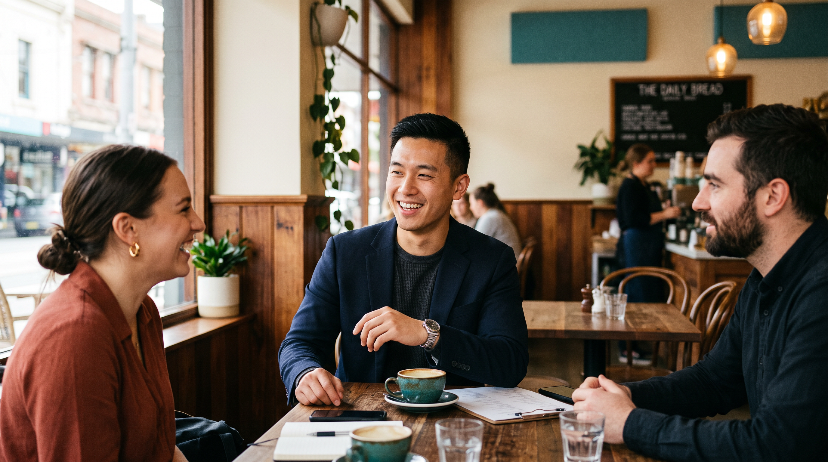 A young Chinese-Australian professional talking with colleagues at a Melbourne cafe