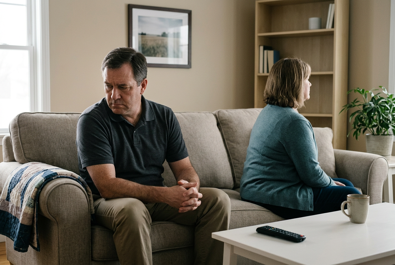 A couple sitting on the same couch but turned away from each other, showing visible emotional distance and tension
