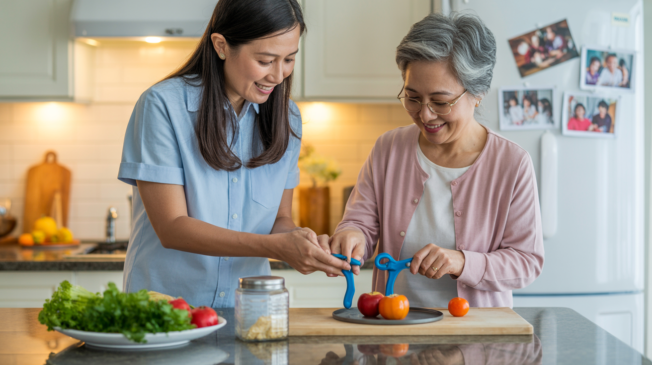 Occupational Therapy at Home | Daily Living Skills Support Los Angeles Occupational therapist assisting elderly patient with daily living activities in kitchen - adaptive equipment and home safety training in Los Angeles