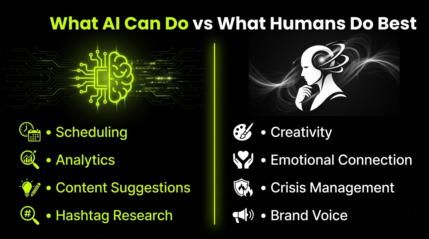 Infographic comparing what AI can do versus what humans do best in social media marketing