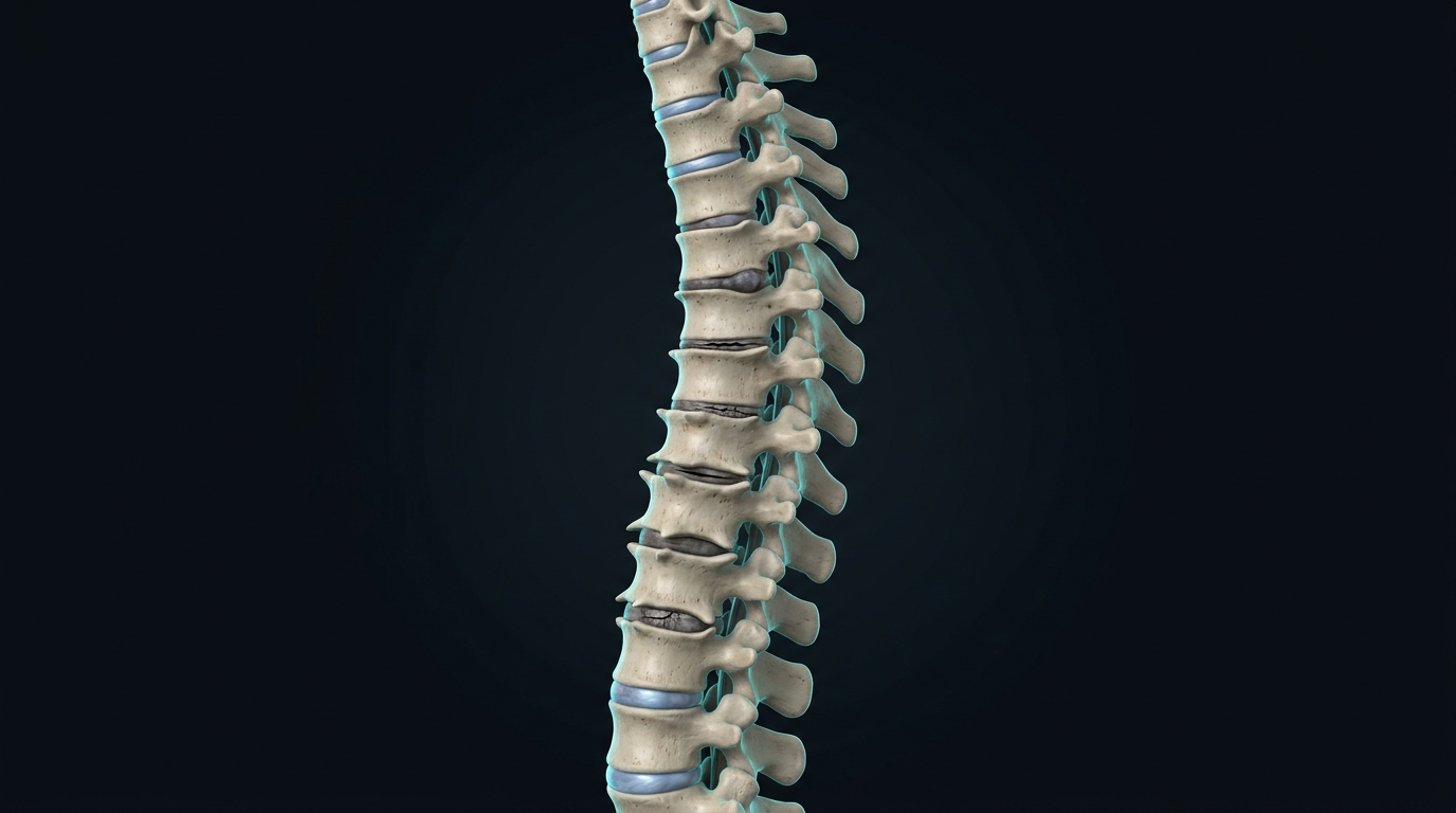 Lateral thoracic spine showing degenerative disc-height loss and osteophytes between vertebral levels
