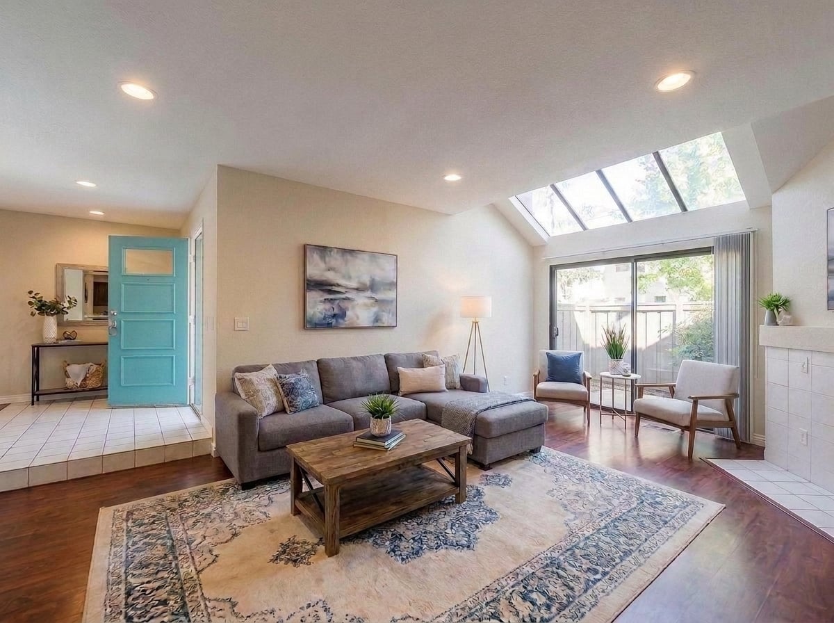 Living room with skylights, sliding patio door and front entry
