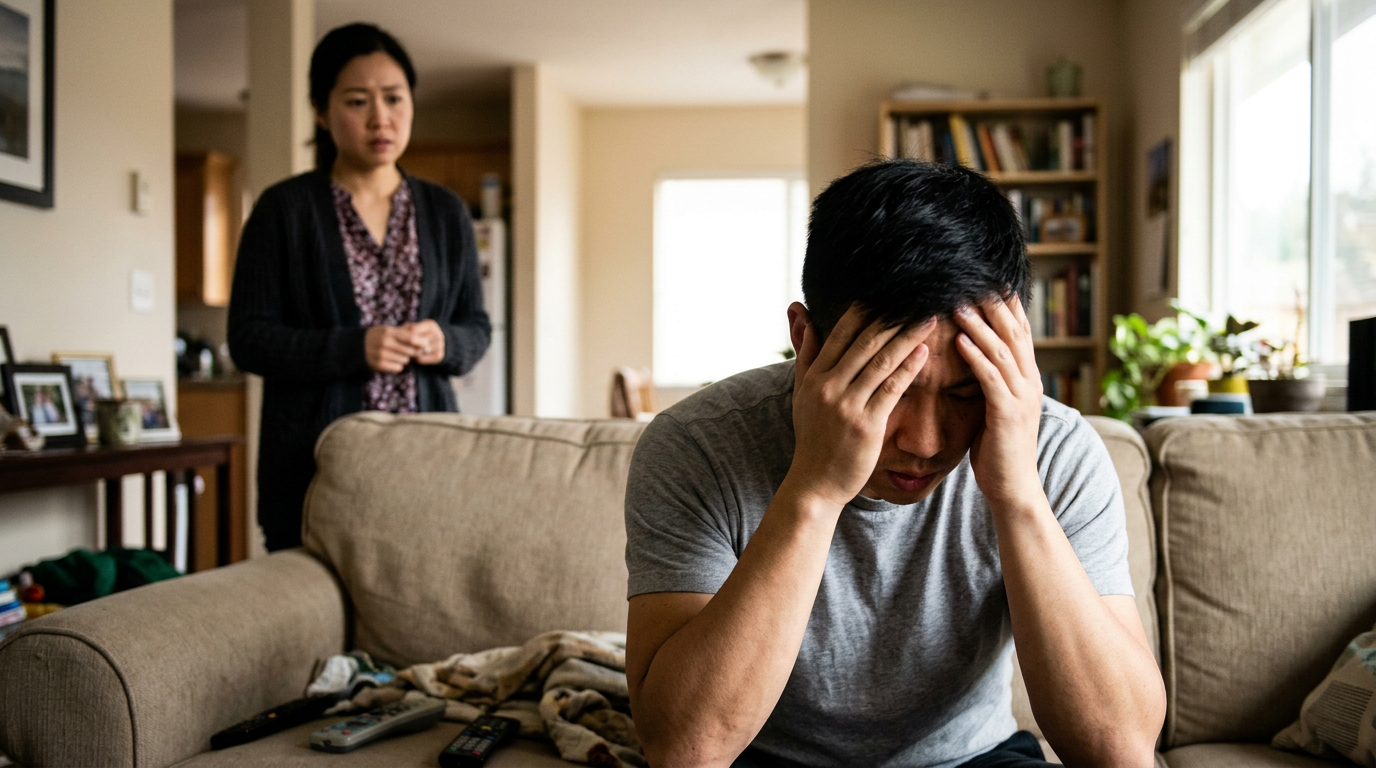 An East Asian male veteran in his thirties sitting on a couch withdrawn and frustrated while a family member sits apart, representing neurobehavioral and mood changes after a brain injury