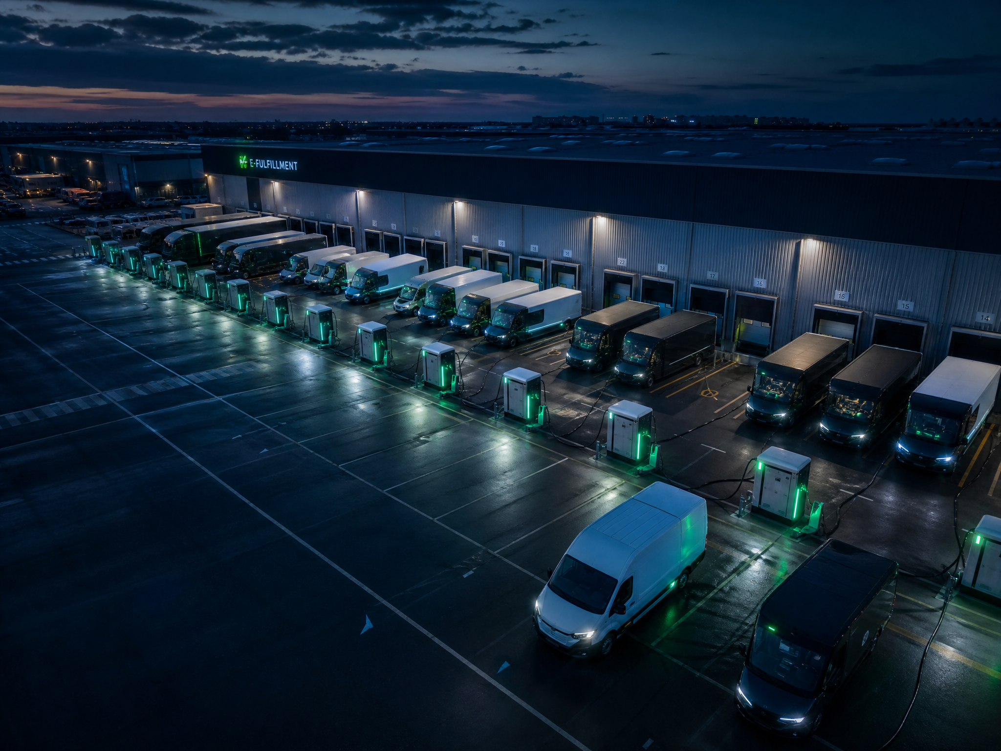 Fleet of electric vehicles being charged in a commercial parking lot