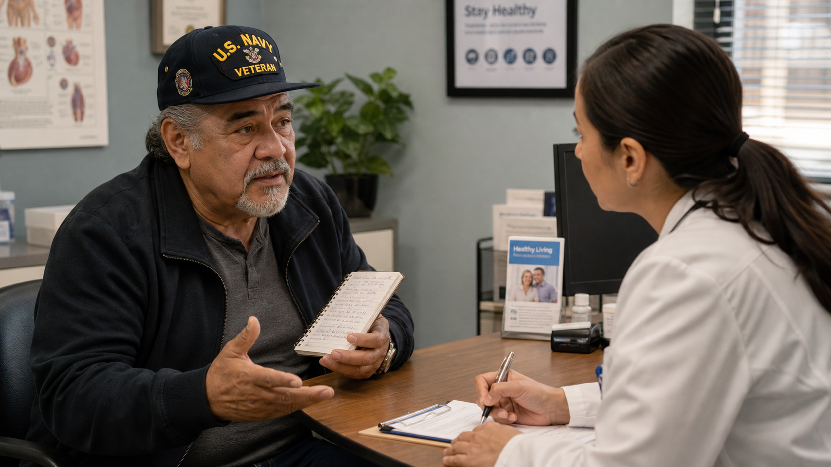 A senior Latino veteran speaking earnestly with his doctor while holding a symptom diary notebook