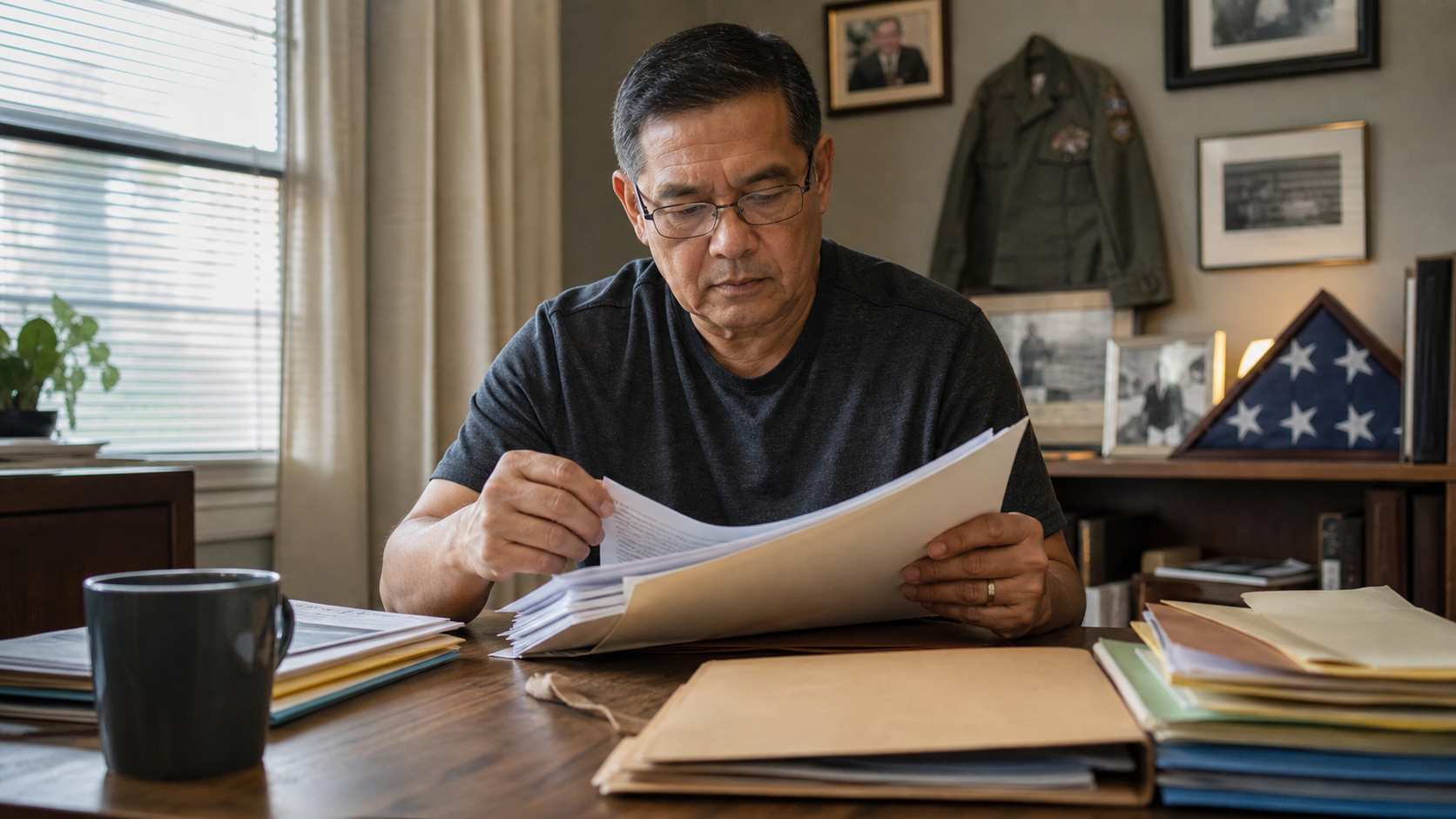 An Asian-American veteran organizing medical records and military documents at his home desk