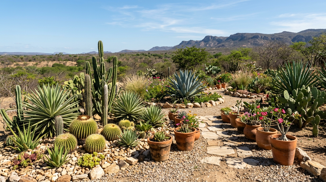 Jardim sustentável com cactos no Nordeste