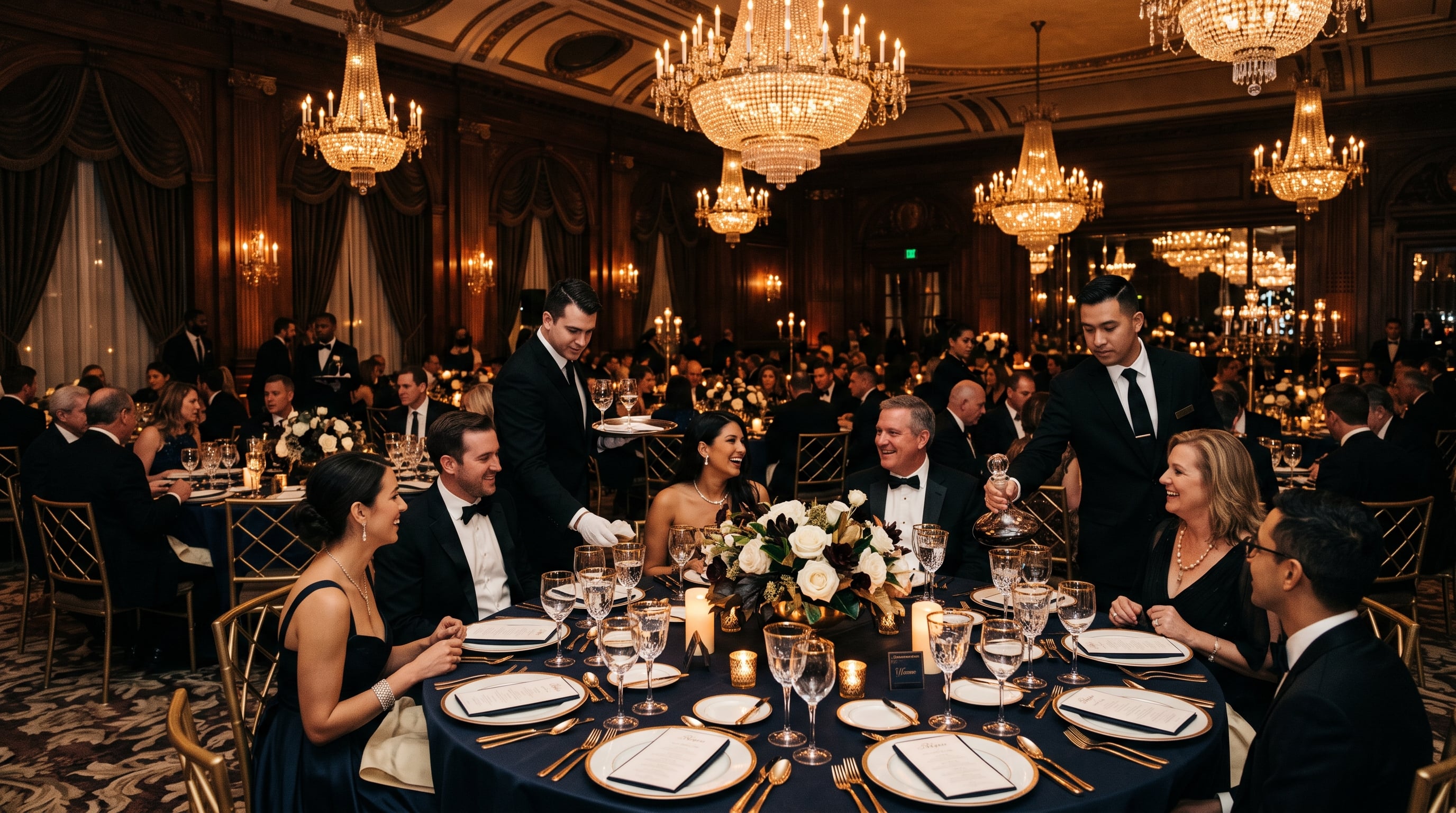 Elegant luxury gala event with professional waitstaff serving guests in an upscale Baltimore hotel ballroom