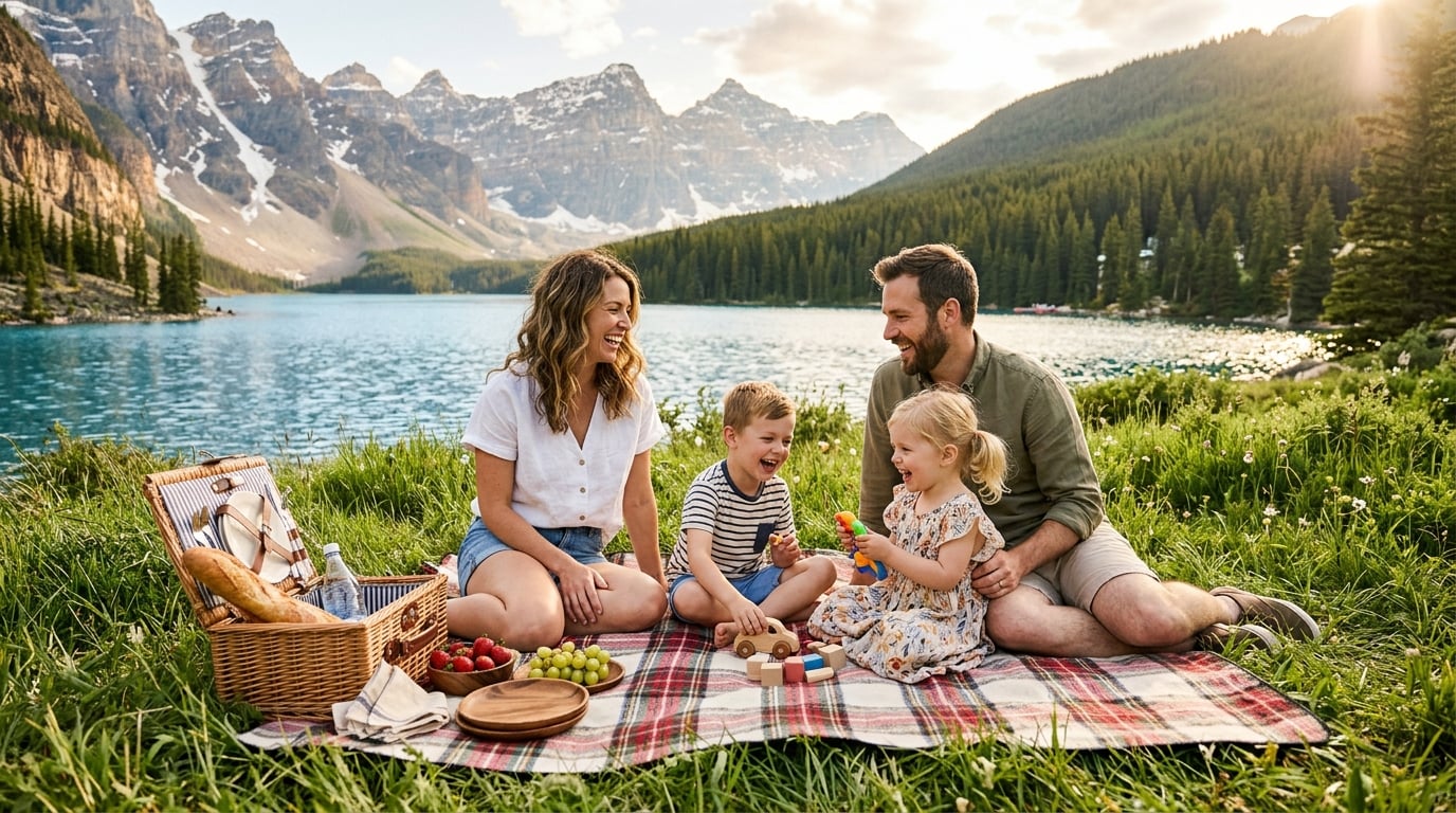 Glückliche Familie beim Picknick am See