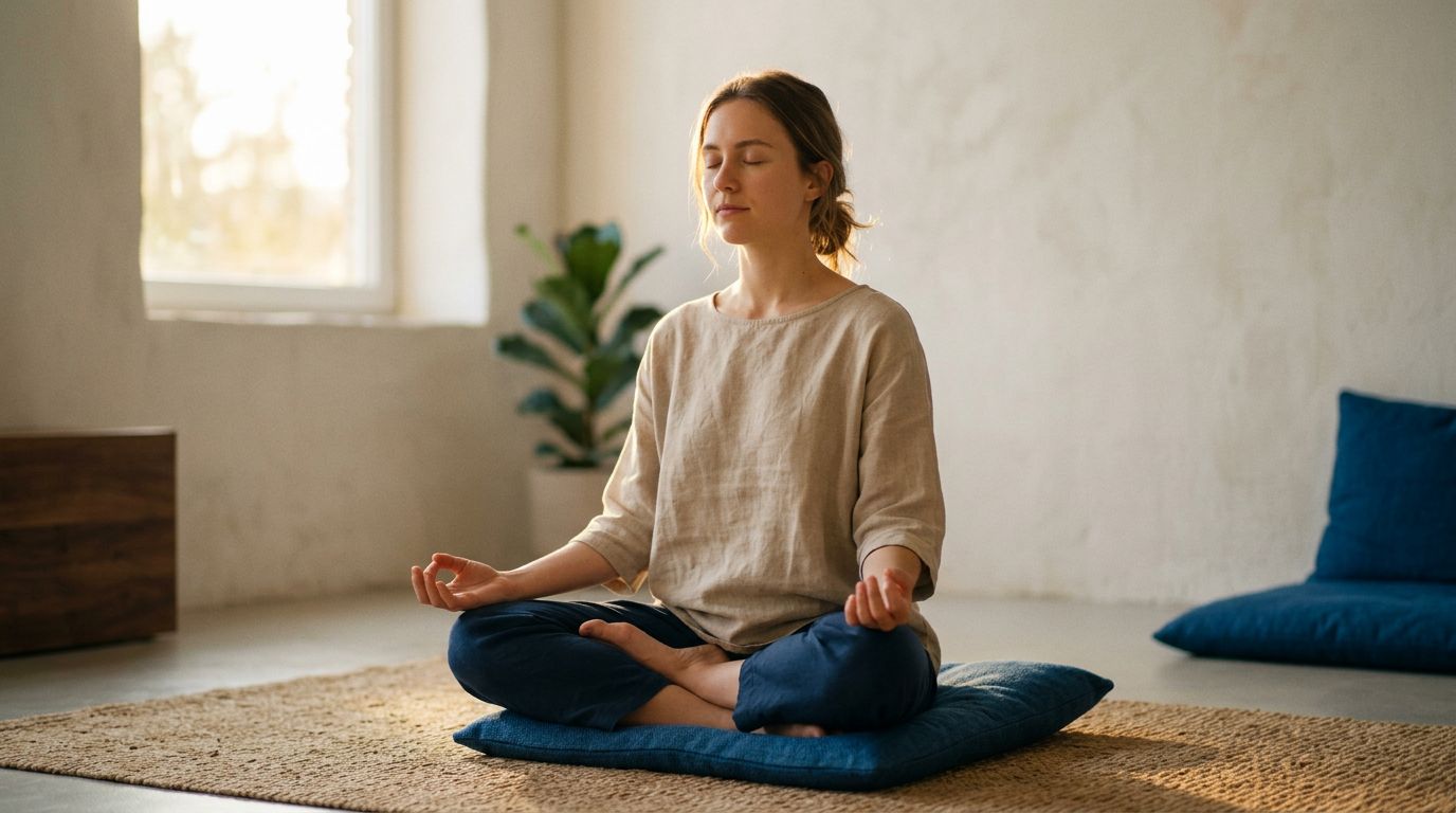 Pessoa meditando em sala calma com efeito de halo de luz — treinamento de mindfulness para neuroplasticidade