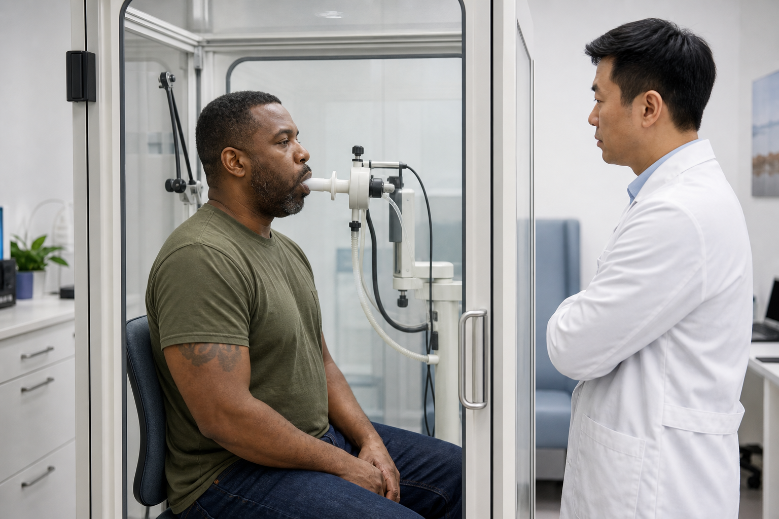 A Black male veteran in his forties seated inside a clear pulmonary body-box performing a diffusion-capacity breathing test while an Asian male clinician supervises