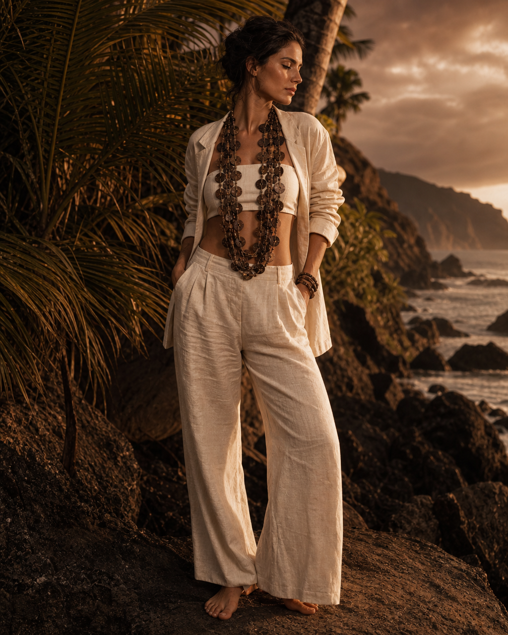 Model wearing the Palawan Strand in a tropical island setting