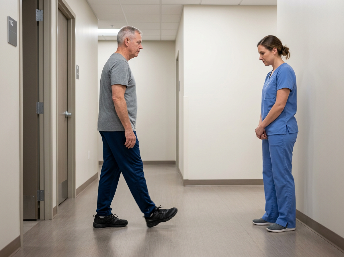 A clinician observing a veteran patient walking across a clean clinical hallway, analyzing the patient's gait pattern and ankle movement