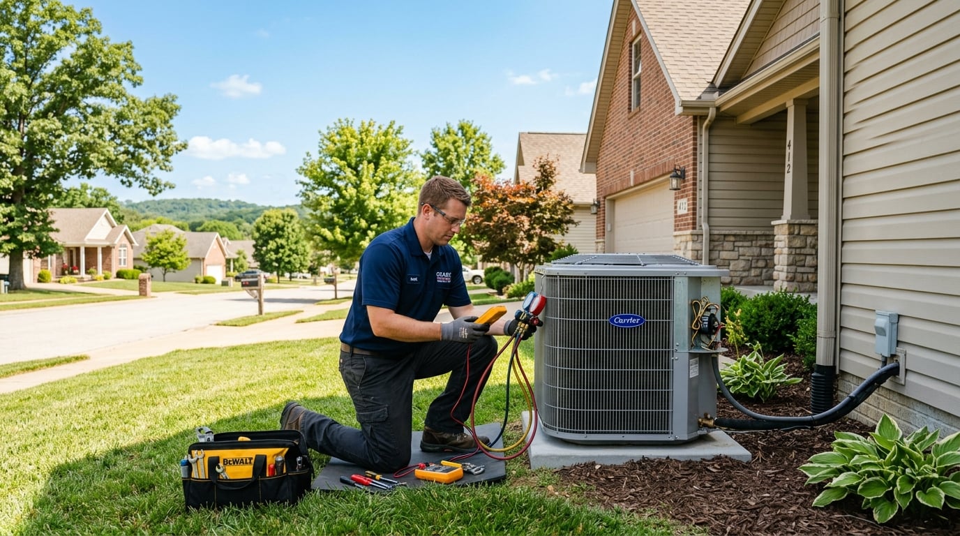 An HVAC technician in uniform inspecting an outdoor air conditioning condenser unit beside a suburban home on a summer day