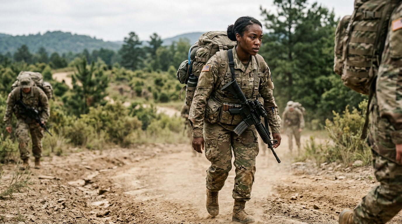 A woman soldier carrying heavy load-bearing equipment