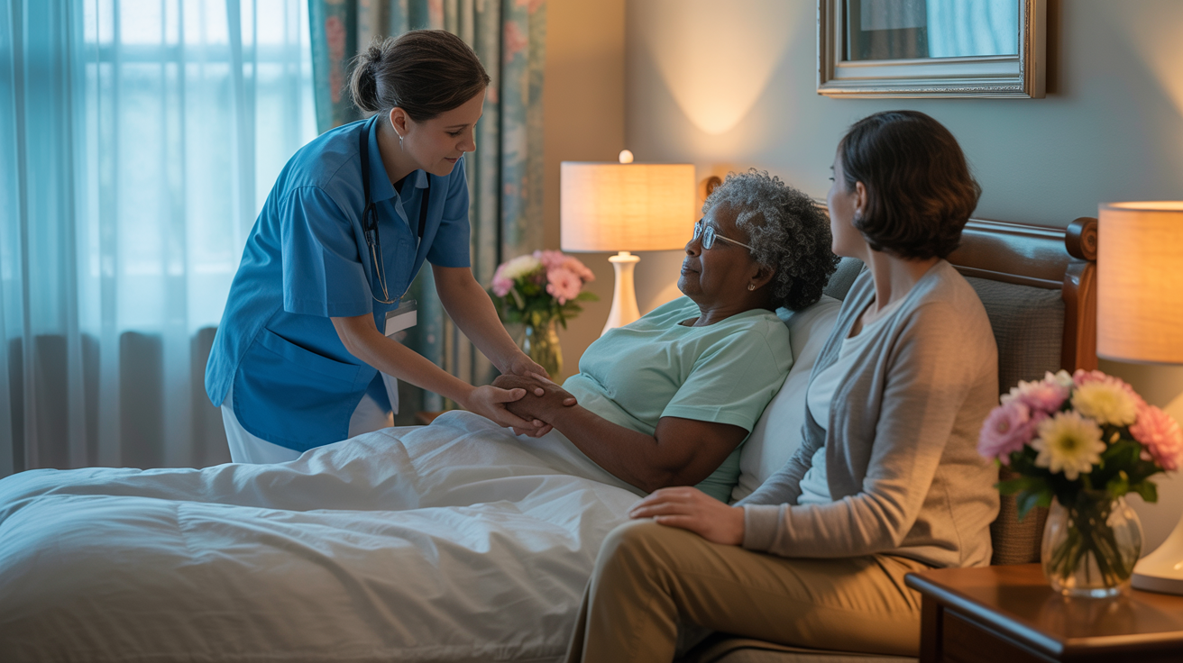 Compassionate hospice caregiver providing end-of-life comfort care to elderly patient at home - dignified hospice services in Los Angeles