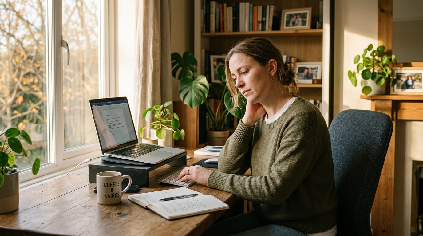 A professional woman rubbing her neck in a home office — illustrating the connection between stress and skin conditions