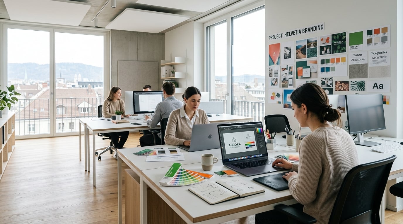 Moderne Designagentur mit Designern die an Branding-Materialien arbeiten