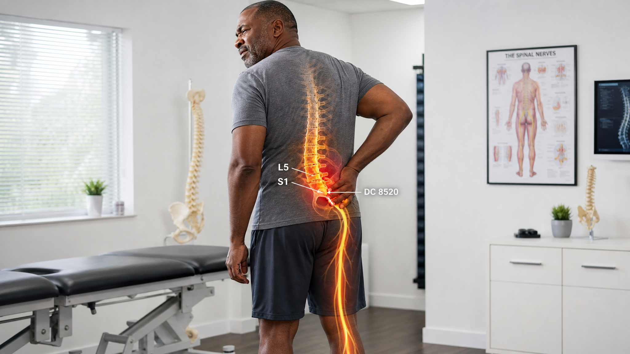 A middle-aged man in a bright clinical room with one hand pressed to his lower back and buttock, a glowing warm-amber sciatic nerve tracing from the L5–S1 roots down the back of the leg toward the foot, a red compression hotspot low in the lumbar spine