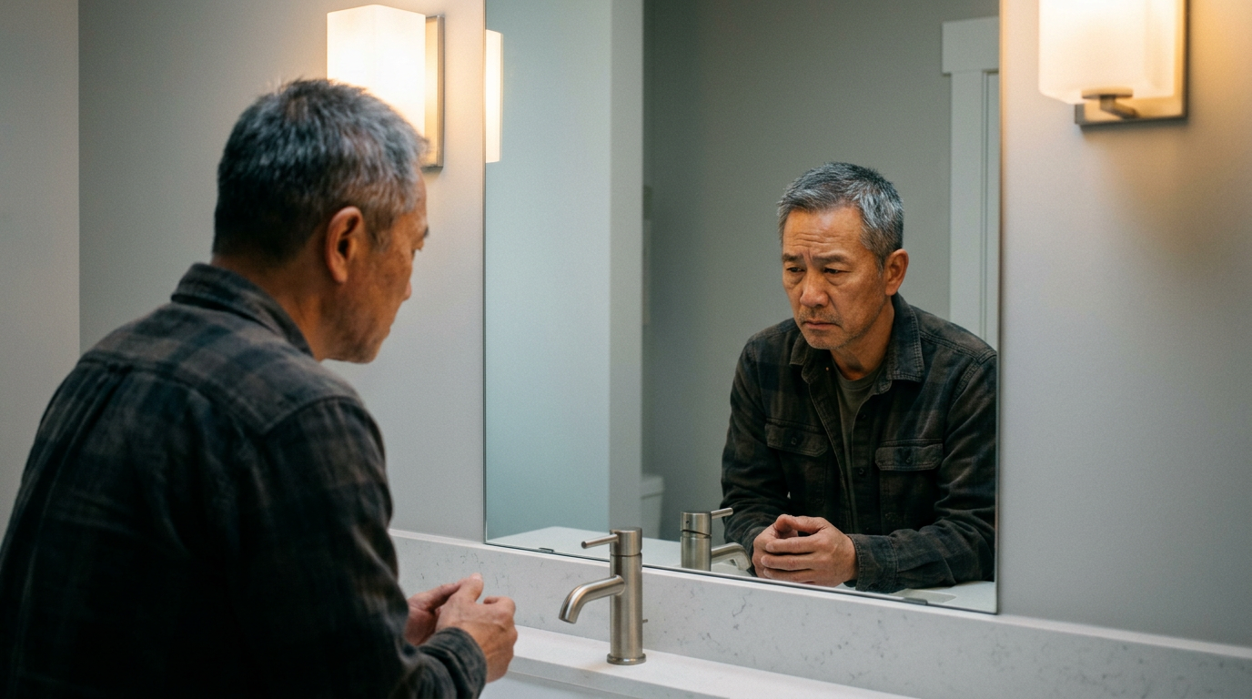 Veteran looking at his reflection in a mirror with a troubled expression, representing loss of confidence