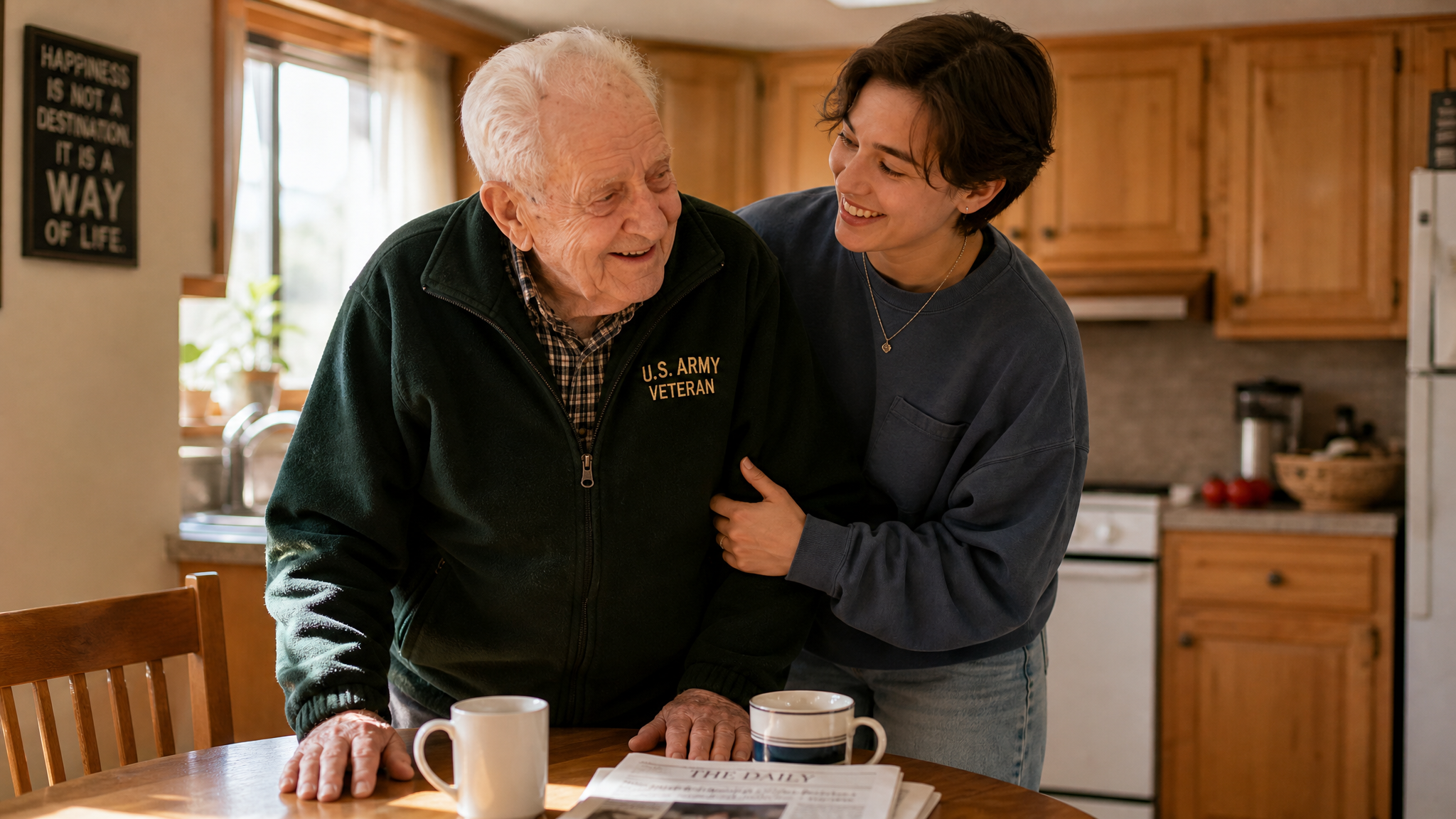 A senior White veteran being helped at home by his adult grandchild, who can be paid for that care