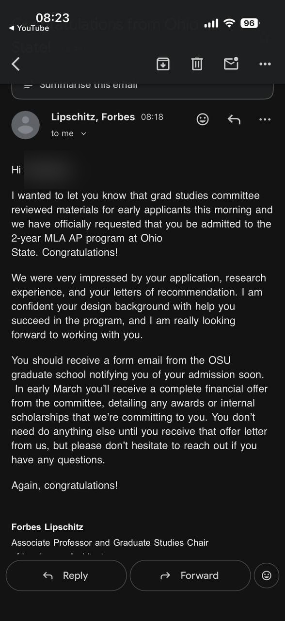 Ohio State University admission letter