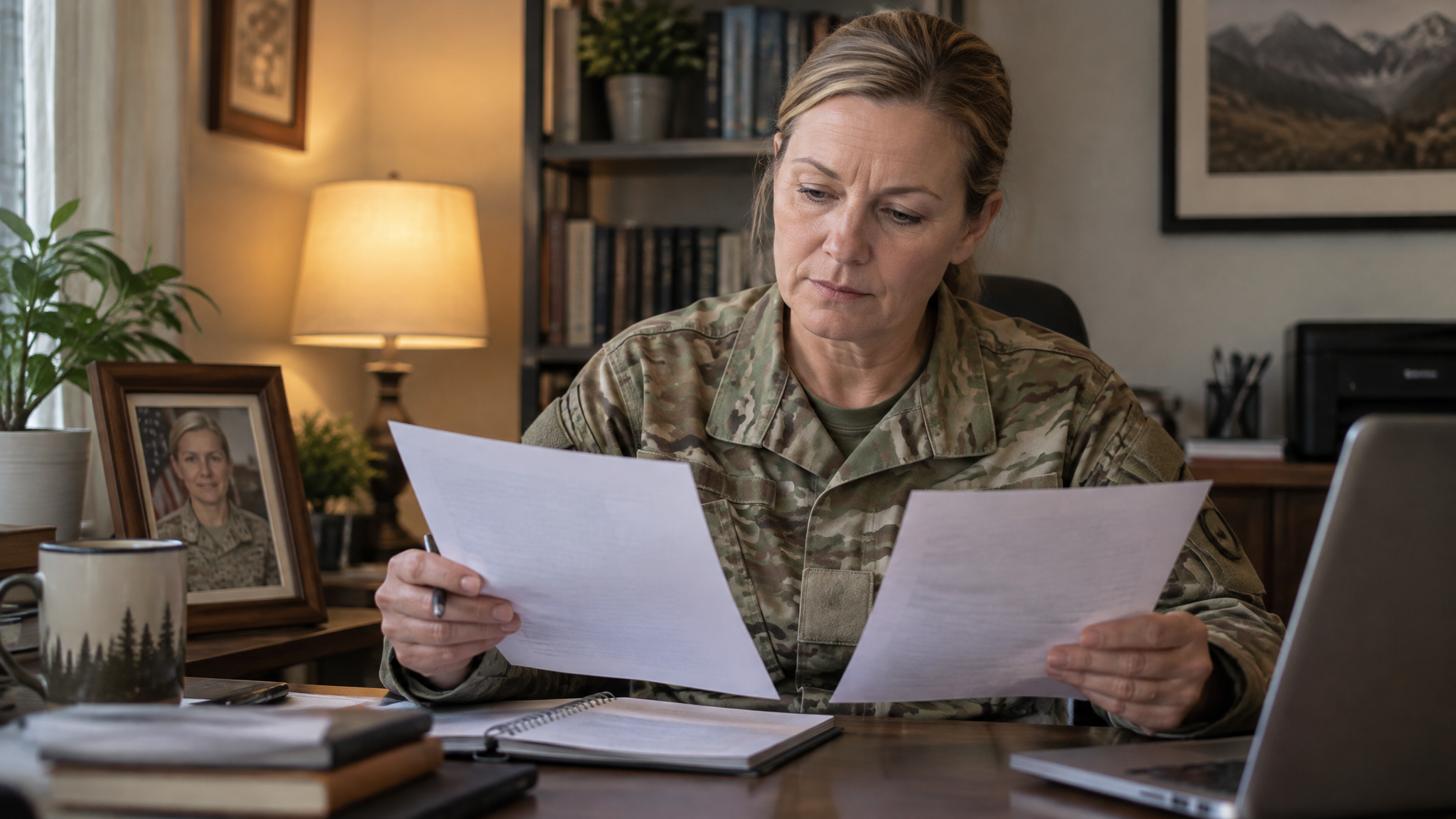 A woman veteran in an OCP jacket comparing two letters side by side with a pen in her hand