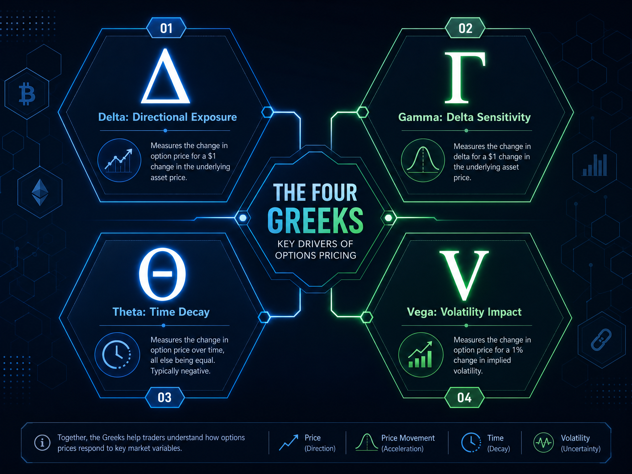 Gamma scalping crypto options Greeks diagram showing delta gamma theta vega relationships for Bitcoin trading