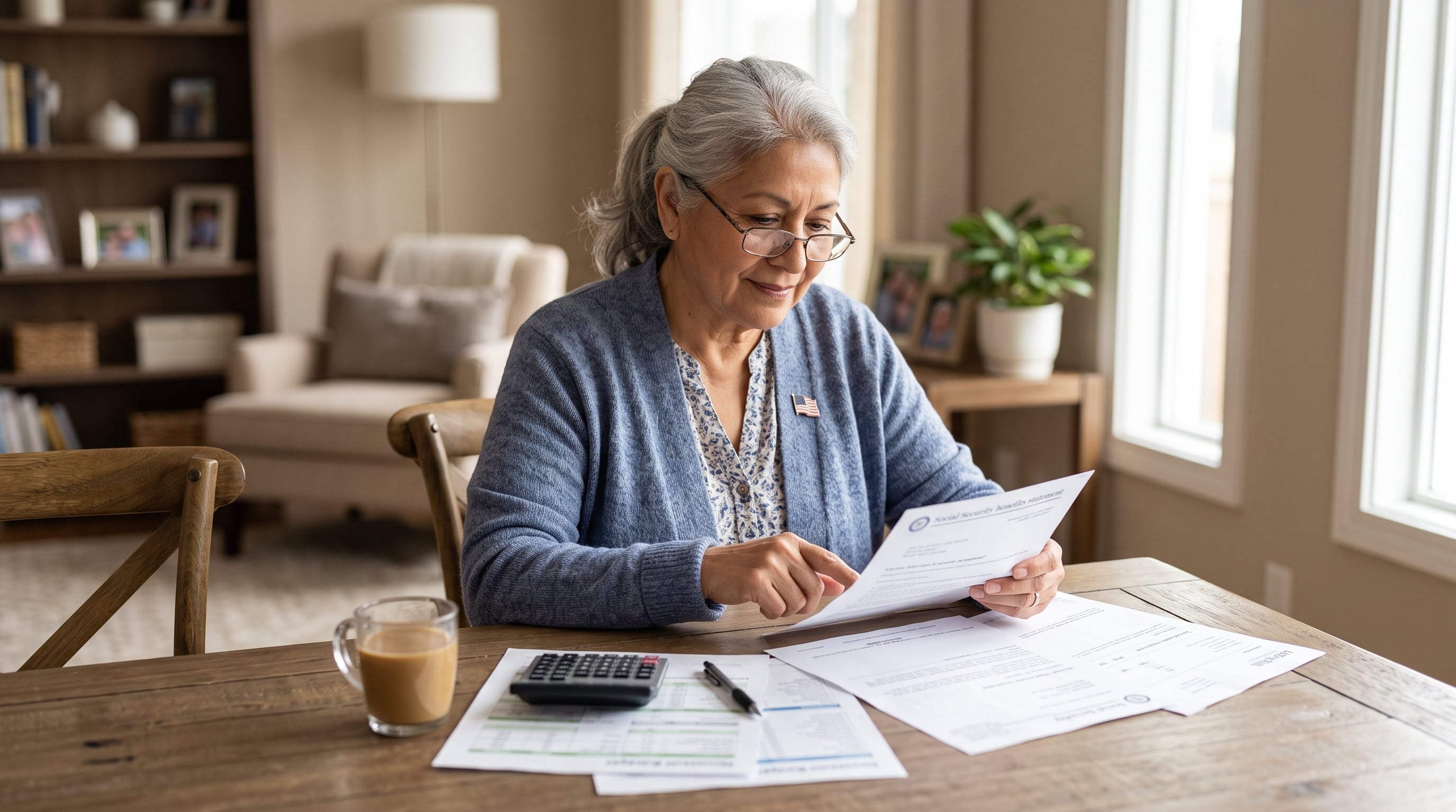 A senior veteran calmly reviewing her Social Security statement and household finances at home