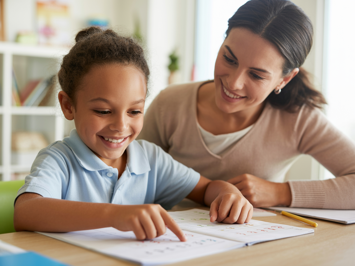Elementary student working on math problems with tutor