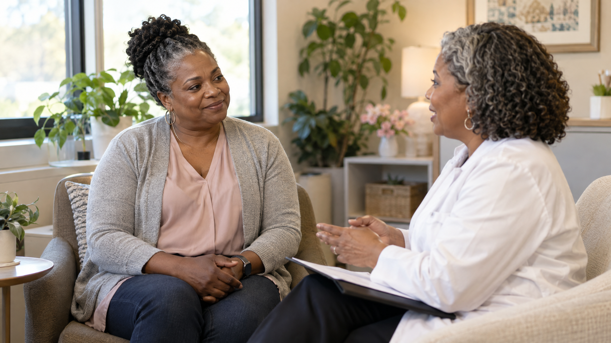 A woman veteran talking with a female clinician in a calm women's health clinic office