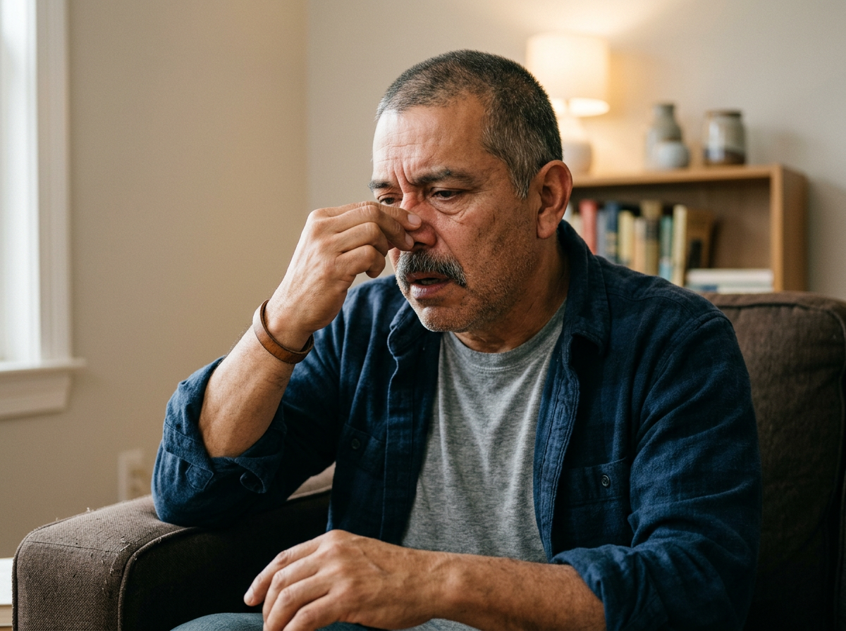 Latino male veteran in his 50s breathing through his mouth with visible nasal congestion and fatigue at home