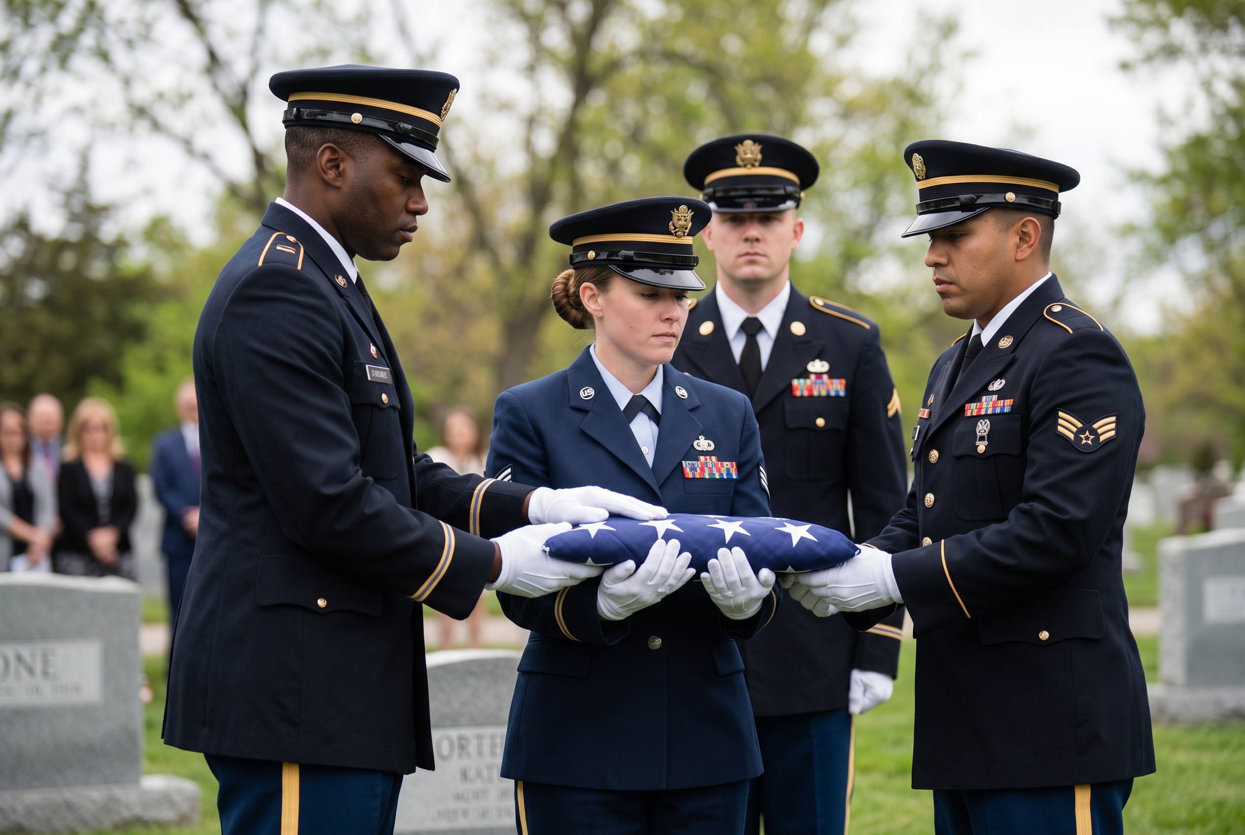 A military honor guard in dress uniform ceremonially folding and presenting the American flag