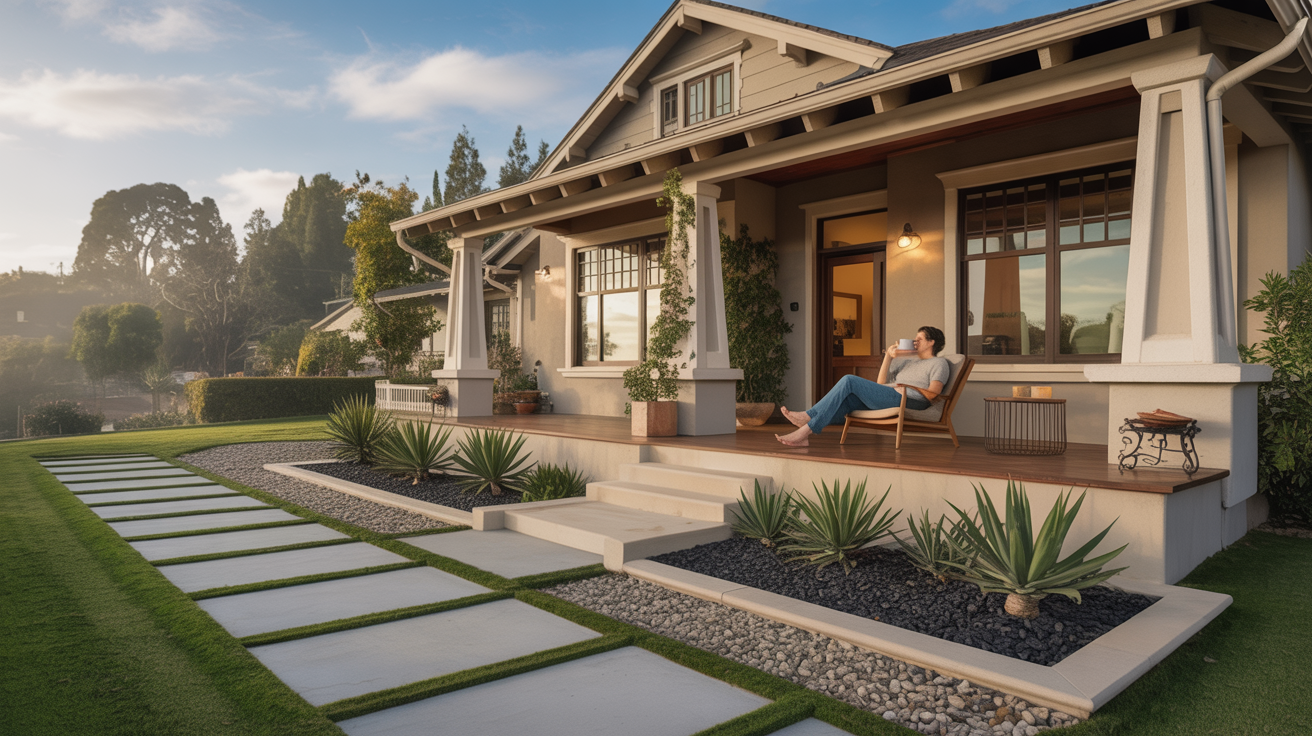 Beautiful California home with homeowner relaxing on porch, featuring elegant gravel landscaping and non-combustible Zone 0 compliant perimeter