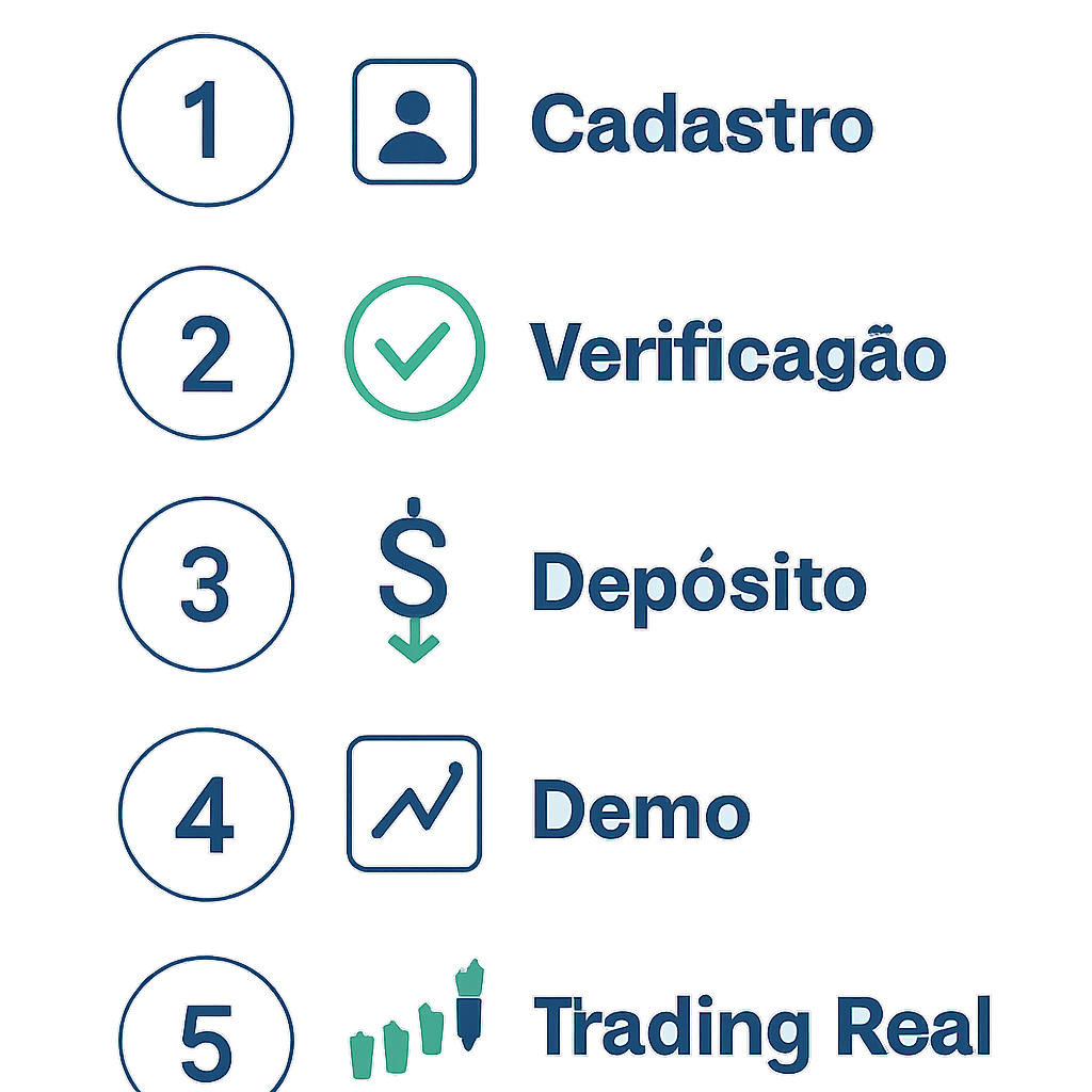 Infográfico mostrando os 5 passos para começar a negociar na Quotex