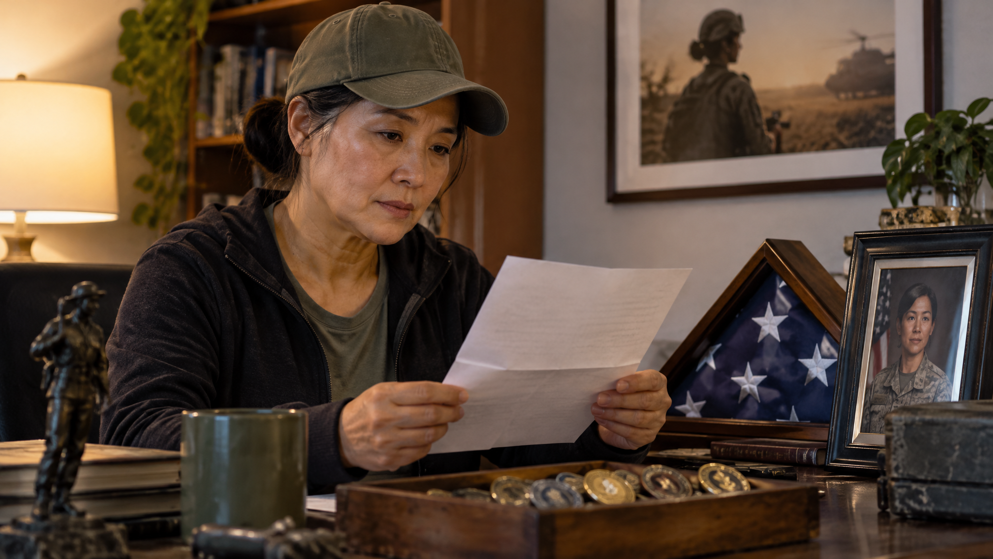 A woman veteran in her veteran cap reviewing her VA decision letter