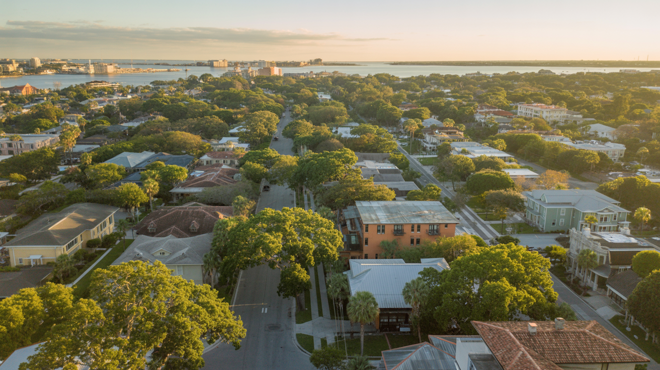 Aerial view of South Tampa residential neighborhoods with tree-lined streets and Bayshore Boulevard