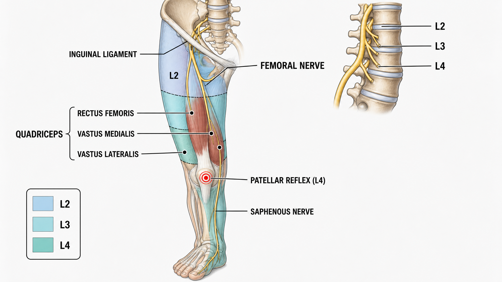 Anterior view teaching diagram of the femoral nerve arising from L2, L3 and L4, passing beneath the inguinal ligament to the quadriceps and continuing as the saphenous nerve, with the L2, L3 and L4 dermatome bands shaded across the front of the thigh and the patellar reflex point marked