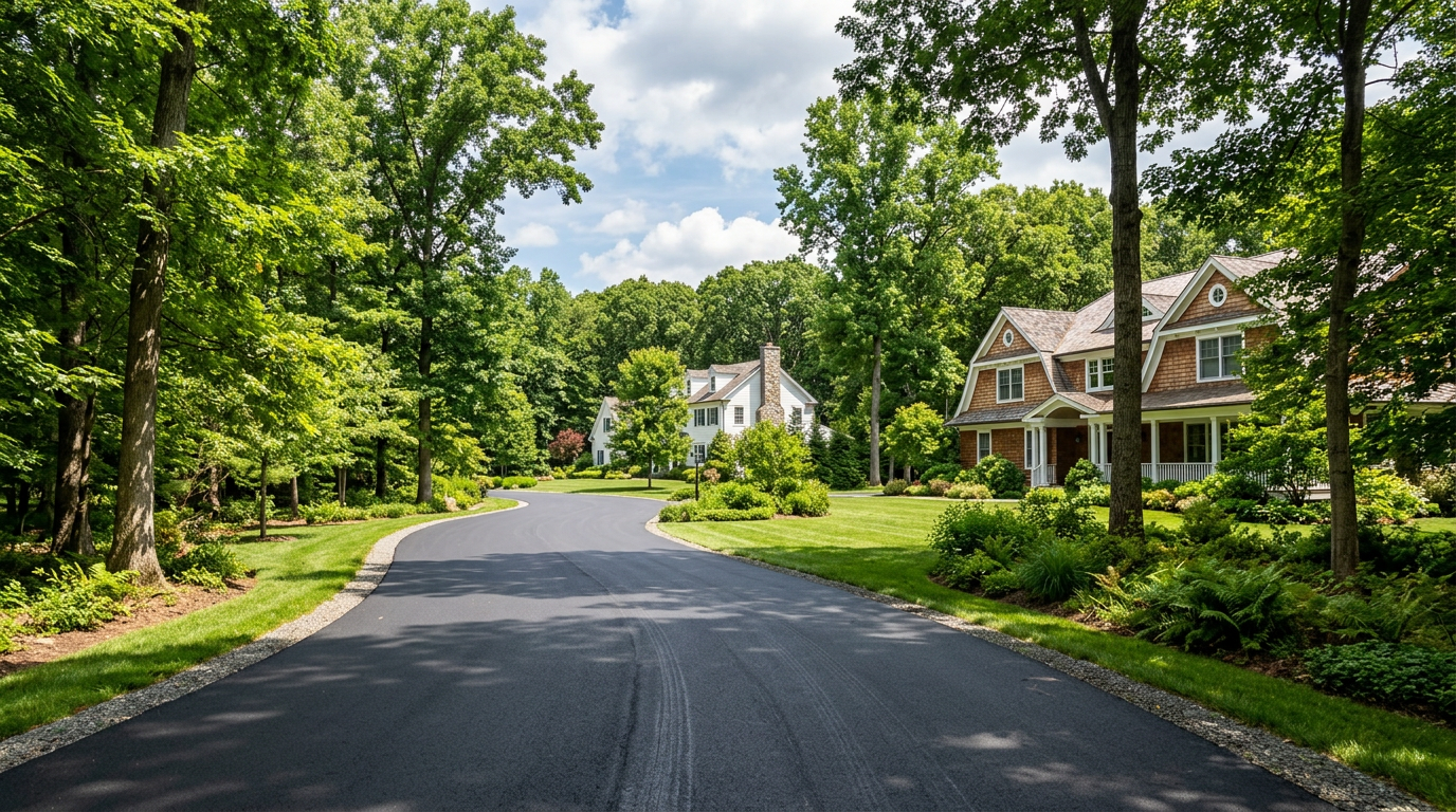 Freshly paved private asphalt road through a wooded NJ neighborhood